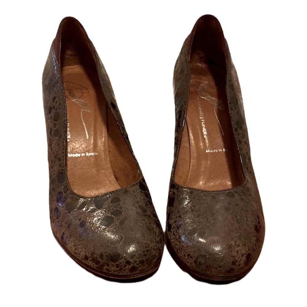 🎉HP Donald J Pliner Leather Shoes Sz 7, TwoTone Brown, chunky 4” “Casey” - Picture 1 of 17